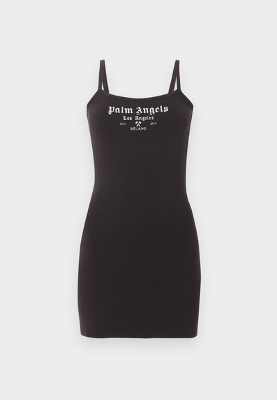 Black fitted sleeveless mini dress with thin straps and white "Palm Angels Los Angeles Milano" text on chest.