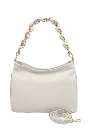 Light grey leather handbag with a chain-link gold accent strap. Includes a detachable matching shoulder strap. Smooth texture, simple design.