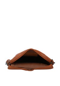 Borsa a mano in pelle marrone con chiusura a zip. L'interno presenta una fodera in tessuto liscio e una tasca con zip separata. Dettagli di cucitura visibili.