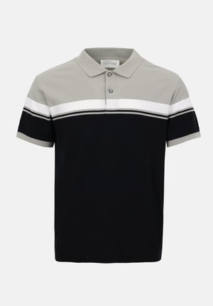 Polo à manches courtes pour homme avec partie supérieure grise, rayures horizontales blanches et noires, et section inférieure noire unie, col boutonné.