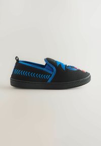 Black slip-on shoe with blue trim, blue chevron pattern on side, and colorful shark face design on top, on a plain light background.