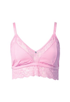 Rosa BH mit Spitzenbesatz, weichem Stoff, dreieckigen Körbchen, verstellbaren Trägern und einem dekorativen Knopf in der Mitte. Die Spitze hat ein florales Muster.