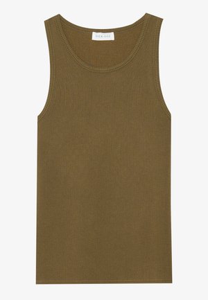 Olivgrün gestreifter Tanktop mit rundem Ausschnitt. Verfügt über schmale Träger und einen geraden Saum. Entworfen für eine figurbetonte Passform.