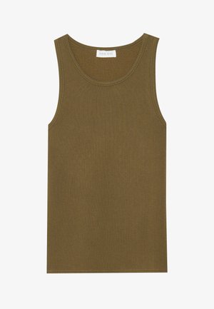 Olive green ribbed tank top with a round neckline. Features thin shoulder straps and a straight hem. Designed for a close fit.