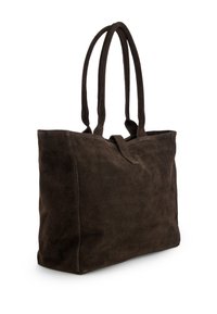 Brown suede tote bag with double handles, rectangular shape, smooth texture, and minimalistic design. Features a central strap closure.