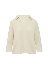 Jasno beżowy sweter z dekoltem w serek i kołnierzykiem, z rękawami do trzech kwart i gładką strukturą, w luźnym kroju.