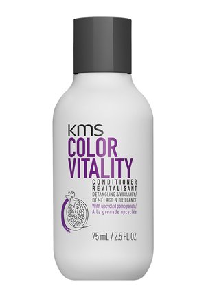 Witte fles KMS Color Vitality conditioner met zwarte dop, paarse tekst, afbeelding van granaatappel, weergegeven in een formaat van 75 ml.