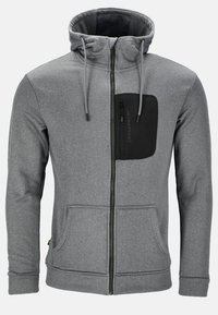 Grijze rits-hoodie van zachte stof. Heeft een zwart rits borstzakje en twee voorzakken. Inclusief aanpasbare trekkoordkap.