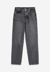 Jean en denim noir délavé à jambes droites avec poches avant, fermeture par boutons et passants de ceinture, posé à plat sur un fond blanc.