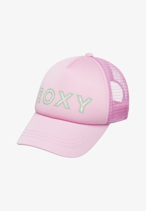 Rosa Mütze mit solidem Frontteil und Netzrücken, mit "ROXY" in grünen Buchstaben. Das Design umfasst einen strukturierten Schild und eine abgerundete Krone.