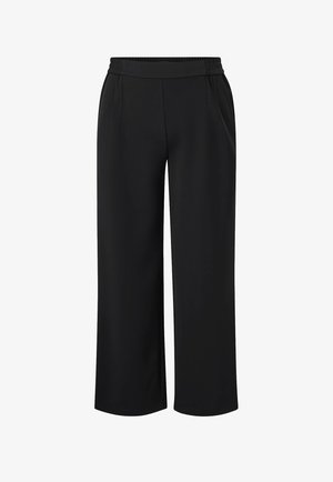 Schwarze, weit geschnittene Hose mit elastischem Bund, mit Nahtdetails und einem glatten, leichten Stoff.