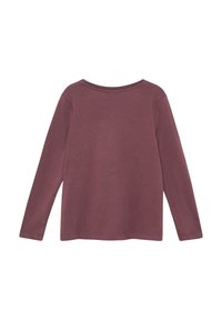 Langärmliges T-Shirt mit rundem Ausschnitt in gedämpftem rot-lila Farbton, flach liegend mit der Rückseite nach vorne auf weißem Hintergrund.