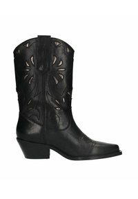 Zwarte leren cowboylaars met een puntige neus, decoratieve uitsnijdingen en een gestapelde hak. Gladde textuur en gedetailleerd stikselontwerp.