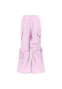 Vaatepunaiset cargo-housut leveillä lahkeilla, sivutaskuilla ja säädettävillä nauhakiinnityksillä lahkeensuissa. Valmistettu puuvillasta, jonka pinta on sileä.