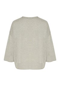 Light gray, oversized sweater featuring a wide, rounded neckline and short, loose sleeves. Soft texture with subtle knit patterns.