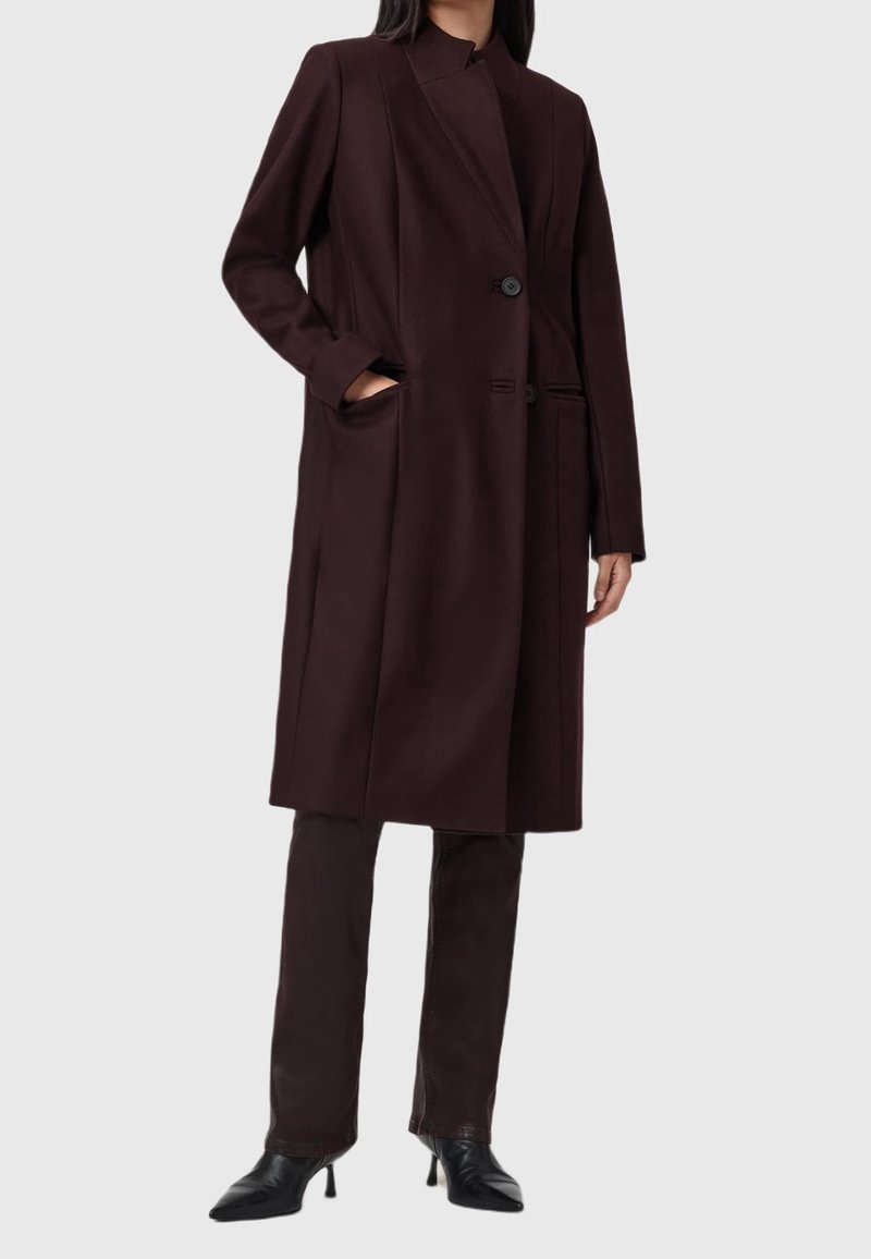 Femme portant un long manteau marron foncé boutonné devant, avec un pantalon et des bottines noires à talons, debout avec une main dans la poche.