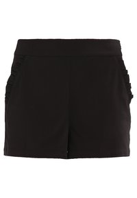 Shorts noirs avec une ceinture plate, dotés de poches latérales volantées. Fabriqués en tissu lisse, offrant une silhouette simple et ajustée.
