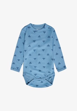 Long-sleeved baby bodysuit in light blue cotton, featuring dark blue pattern of small stylized butterflies and snap fasteners at the shoulder.