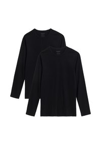 Dwa czarne T-shirty z długim rękawem, wykonane z miękkiego materiału, z okrągłym dekoltem, charakteryzujące się minimalnym przeszyciem i brakiem widocznych wzorów lub akcentów.