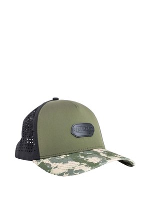 Olive green and black mesh trucker cap with a camouflage brim and a black "Blackskies Pro" logo patch on the front panel.
