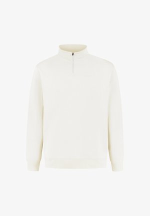 Creme pullover sweatshirt med lynlås krave, ribbede manchetter og kant. Lavet af et tekstureret stof, med et diskret brandlogo.