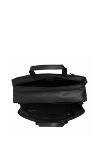 Schwarze Ledertasche mit zwei oberen Griffen, Reißverschlussverschluss und mehreren Innenfächern zur Organisation. Glatte Textur und strukturiertes Design.