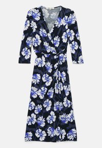 Robe portefeuille noire à imprimé floral bleu et blanc, manches trois-quarts et détail froncé à la taille.