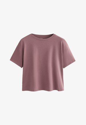Short-sleeve, loose-fit t-shirt in dusty rose color, made from soft cotton fabric. Classic crew neck and straight hem detailing.