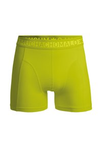 Neon sárga boxer alsónadrág, puha elasztikus derékpánttal, amelyen a "MUCHACHO" márkaneve ki van emelve. Simogató, rugalmas anyag és testhezálló szabás.