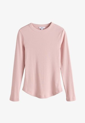 Top cu mâneci lungi, din material reiat, de culoare roz deschis, cu decolteu rotund și tiv ușor curbat. Confecționat dintr-un material elastic pentru confort.