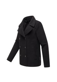 Černý wool blend kabát s dvojitým zapínáním, velkým klopovým límcem, dvěma bočními kapsami a výraznými knoflíky. Hladká textura.