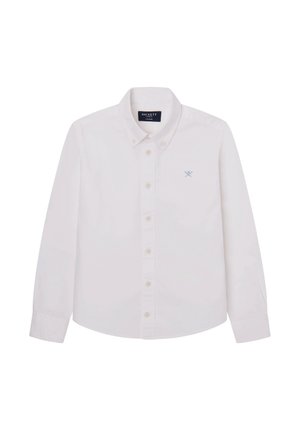 Biała koszula na długi rękaw z zapięciem na guziki i kołnierzykiem zapinanym na guziki, niewielkie jasnoniebieskie logo złożone z skrzyżowanych wioseł na lewej piersi oraz metka marki Hackett wewnątrz kołnierzyka.