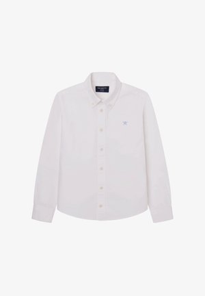 Chemise blanche à manches longues avec boutons, col boutonné, petit logo de rames croisées bleu clair sur la poitrine gauche, et étiquette de la marque Hackett à l'intérieur du col.