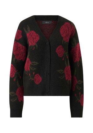 Sort cardigan med rødt rosemønster, knaplukning, ribbet halsudskæring og manchetter, blød tekstur, cropped design.