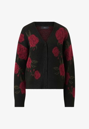 Cardigan nero con motivo di rose rosse, chiusura con bottoni, collo e polsini a costine, texture morbida, design cropped.