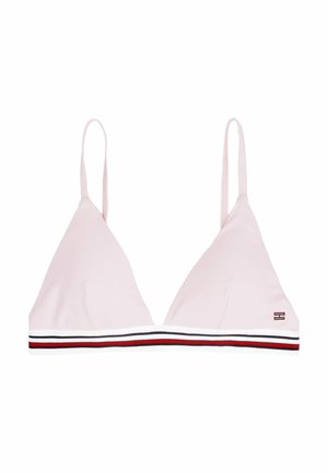 Driekhoek bikini top in lichtroze ribbelstof. Bevat een gestreepte band in het wit, rood en marineblauw, met een logo-accent aan de zijkant.