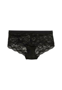 Zwarte kanten hipster onderbroek met een golvende rand en een zachte tailleband. Semi-doorzichtige textuur met bloemvormige patronen over het geheel.