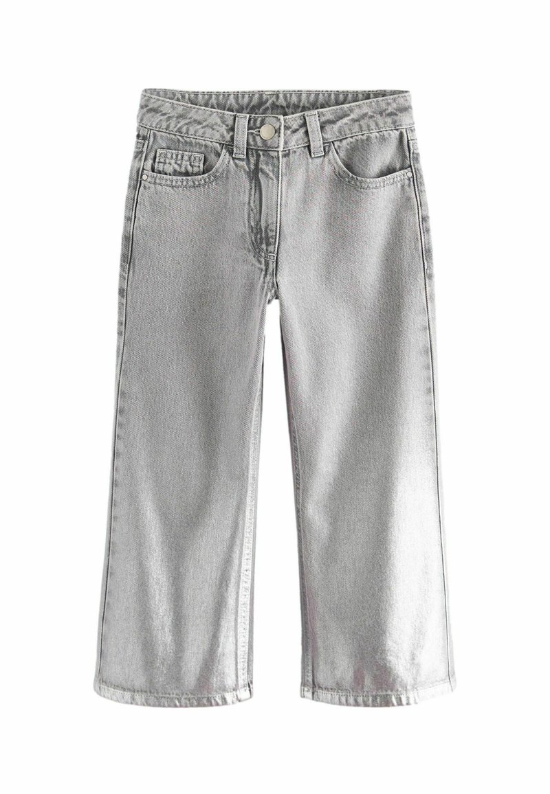 Pantaloni ampi in denim argento con vita alta, tasche frontali e chiusura a bottone. Il tessuto ha una leggera lucentezza e una consistenza liscia.