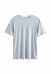 Helles blaues T-Shirt mit kurzen Ärmeln, aus glattem Stoff, mit Rundhalsausschnitt, lockerer Passform und subtiler Textur.