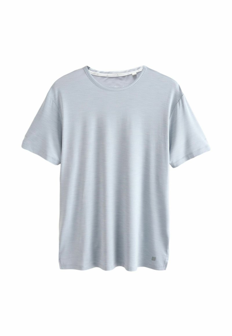 Helles blaues T-Shirt mit kurzen Ärmeln, aus glattem Stoff, mit Rundhalsausschnitt, lockerer Passform und subtiler Textur.