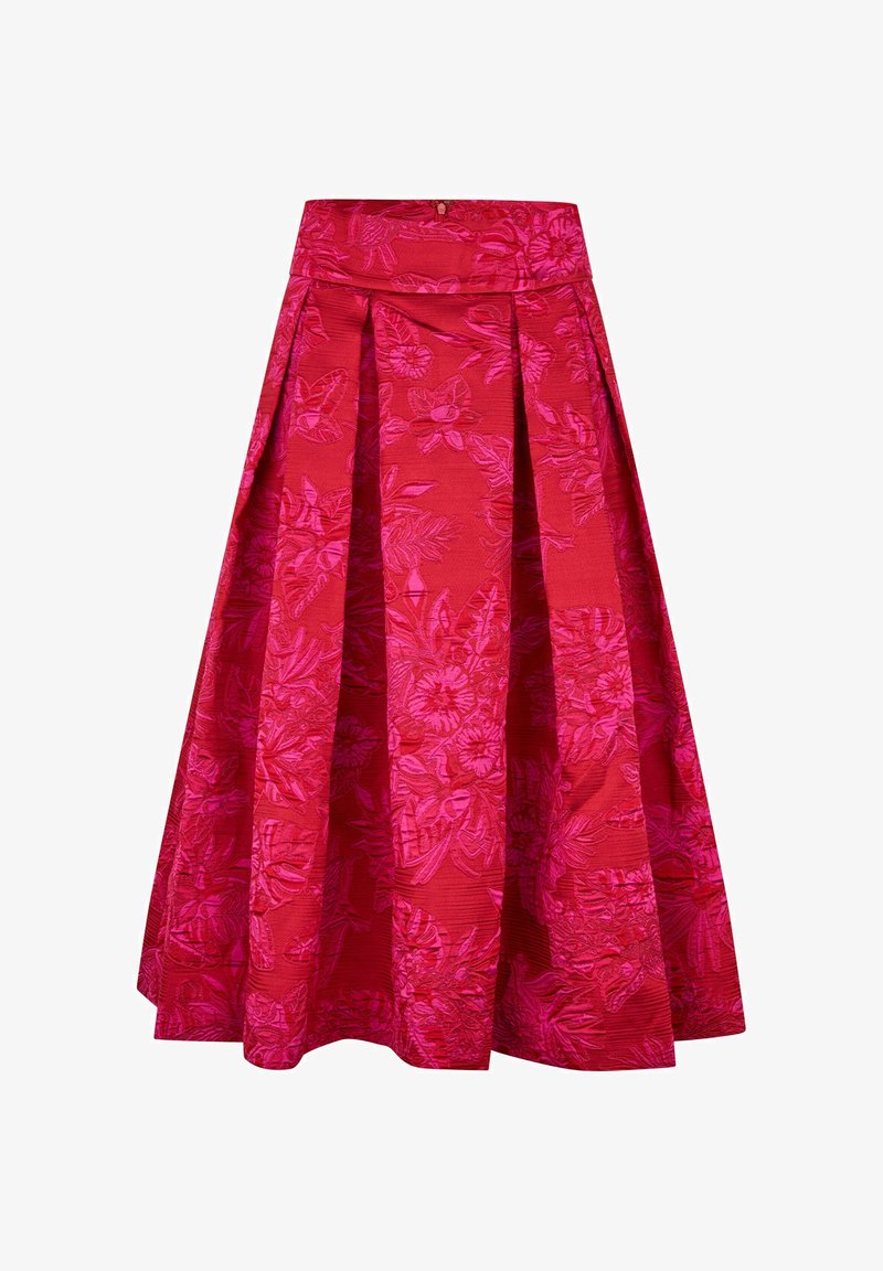 Punase lillemustriga seelik, mis on valmistatud tekstureeritud kangast, sisaldab voldikuid ja laia vööosa. Kujunduses on reljeefsed lillemotivid.