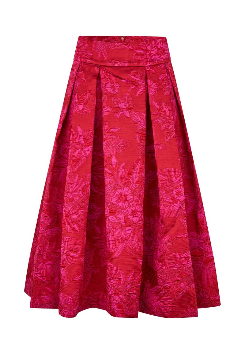 Crvena suknja s cvjetnim uzorkom od teksturiranog materijala, s nabranim detaljima i širokim pojasom. Dizajn uključuje utisnute cvjetne detalje.