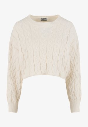 Suéter corto de color crema con un patrón de tejido de trenzas, cuello acanalado y mangas largas. Hecho de una tela suave y con textura.