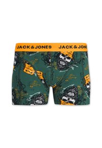 Boxer shorts verts avec des motifs de crânes et de barbes noirs et orange, dotés d'une ceinture orange avec "JACK & JONES" en lettres noires.