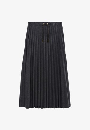 Gonna grigia a pieghe con elastico in vita, caratterizzata da due cordini con punte metalliche, realizzata in un tessuto morbido, lunga fino al ginocchio.