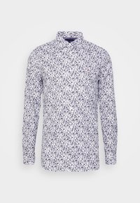 Valkoinen pitkähihaisessa paidassa on tummansininen kukkakuosi, jossa on kauluspääntie ja nappisuljenta, ja se on valmistettu kevyestä kankaasta.