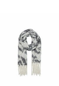 Scarf lavorato a maglia con un motivo marmorizzato grigio e bianco, con estremità frangiate. Texture morbida e forma rettangolare allungata.