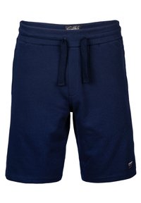 Navy blue cotton shorts with a ribbed waistband and drawstring. Features side pockets and a small logo patch on the lower hem.