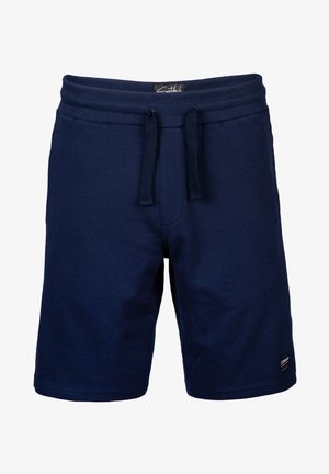 Navy blue cotton shorts with a ribbed waistband and drawstring. Features side pockets and a small logo patch on the lower hem.
