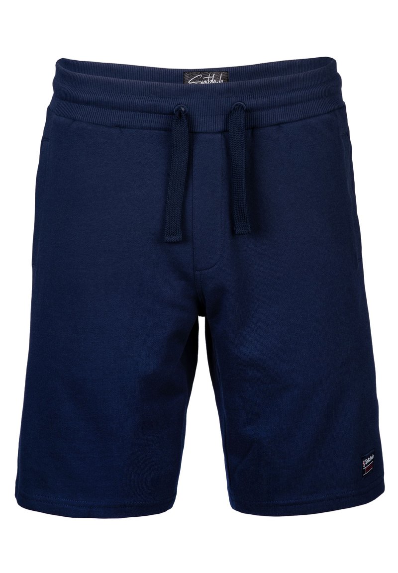 Navy blue cotton shorts with a ribbed waistband and drawstring. Features side pockets and a small logo patch on the lower hem.